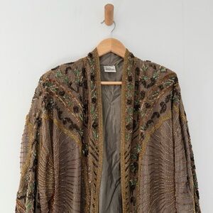 Vintage 1980s couture taupe brown silk beaded sequin kimono jacket - One Size